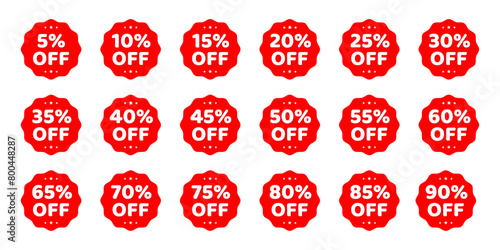 Percentage discount offer sale tags set in rounded zig zag circle in red color with stars. Discount sale off tag, 50, 20, 10, 40, 30, 60, 70, 45, 90, 5, 15 percent. Flat offer stamp, sticker clearance