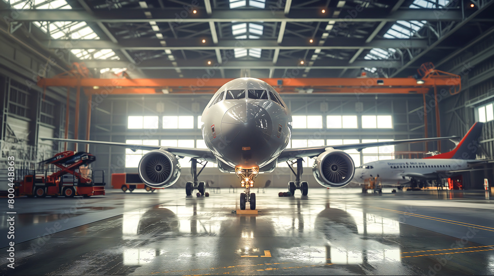 The passenger aircraft waiting for services maintenance of engine and fuselage repair in airport hangar. Large passenger aircraft on service in an aviation hangar The passenger aircraft waiting for services maintenance of engine and fuselage repair in airport hangar. Large passenger aircraft on service in an aviation hangar