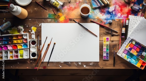 A messy artist's table with a blank canvas