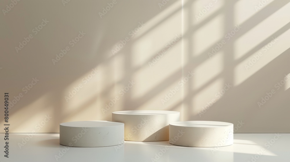3d rendering of a beige podium with a beige background and a shadow of a window on it 3d rendering of a beige podium with a beige background and a shadow of a window on it