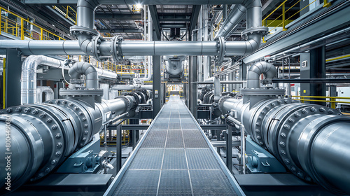 Large piping inside of industrial power plant, Industrial factory interior featuring state of machinery, Steel large chrome pipes, Equipment
 photo