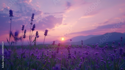 A field of lavender at sunset. © Cheetose
