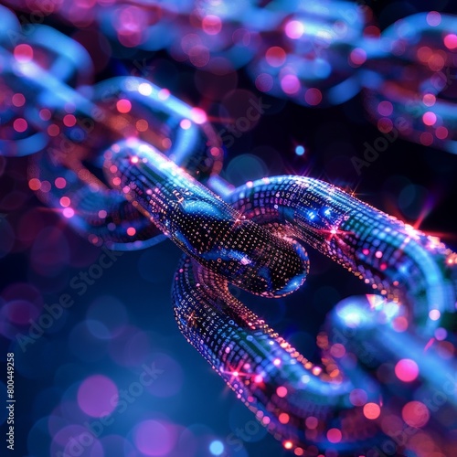 A glowing blue and purple chain made of digital code.