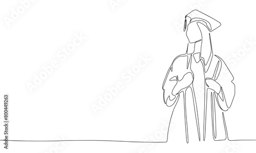 Graduated girl one line continuous. Line art graduated woman. Hand drawn vector art.