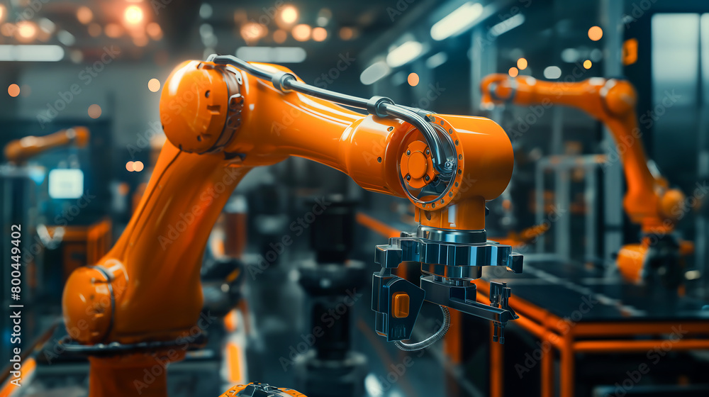 Industrial robot arms at modern factory. Modern hi-tech facility with automated line. Smart factory industrial, Industry 4.0 concept Industrial robot arms at modern factory. Modern hi-tech facility with automated line. Smart factory industrial, Industry 4.0 concept