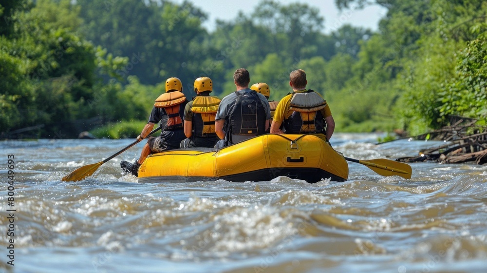 Group enjoying leisurely travel down river in yellow raft