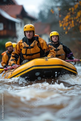 Group enjoying rafting down river with helmets, lifejackets, and paddles © ЮРИЙ ПОЗДНИКОВ