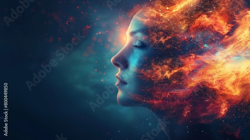 The face of a woman is made of fire and stars.