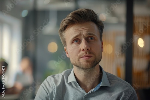 Confident caucasian man with trendy hairstyle looking ahead inspired on blurred background. Satisfied male boss listening to quarterly report with impressive results from hired employee, Generative AI