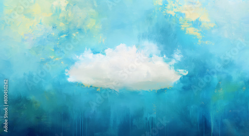 An expressive abstract art piece with vibrant blue and yellow tones resembling a dreamy cloud in the sky photo