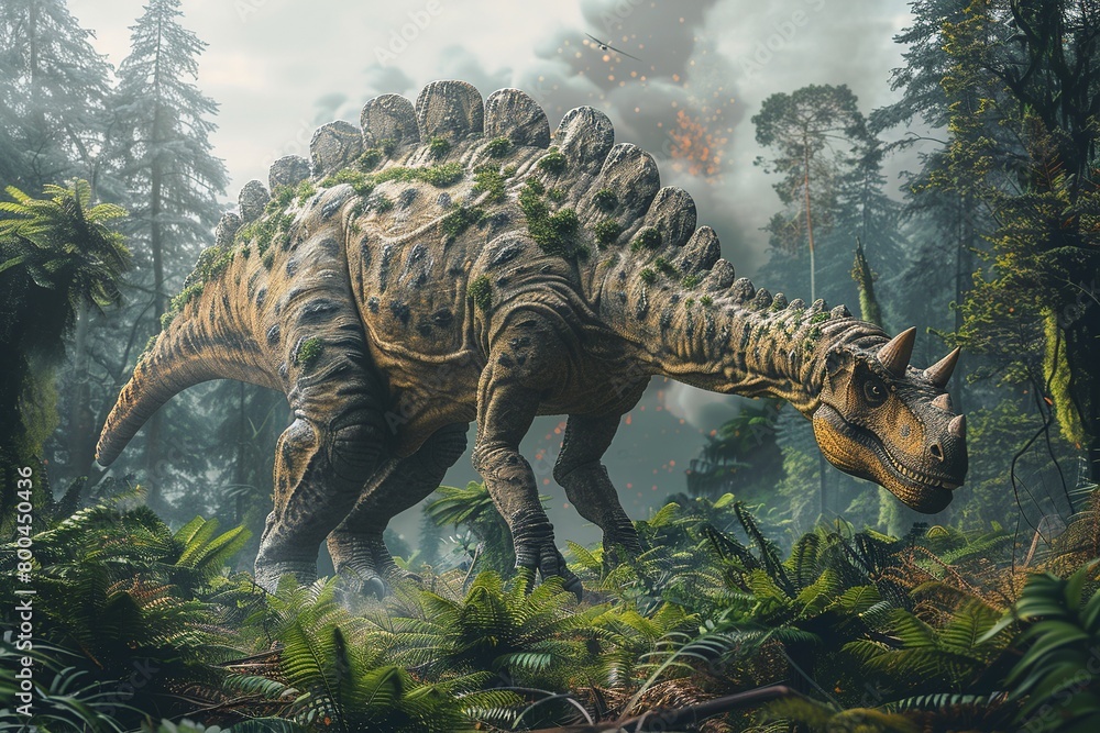 Fototapeta premium Marvel at the grandeur of a Titanosaur adorned in ornate armor, majestically surveying its territory amidst the rugged beauty of ancient volcanic mountains, a scene blending strength