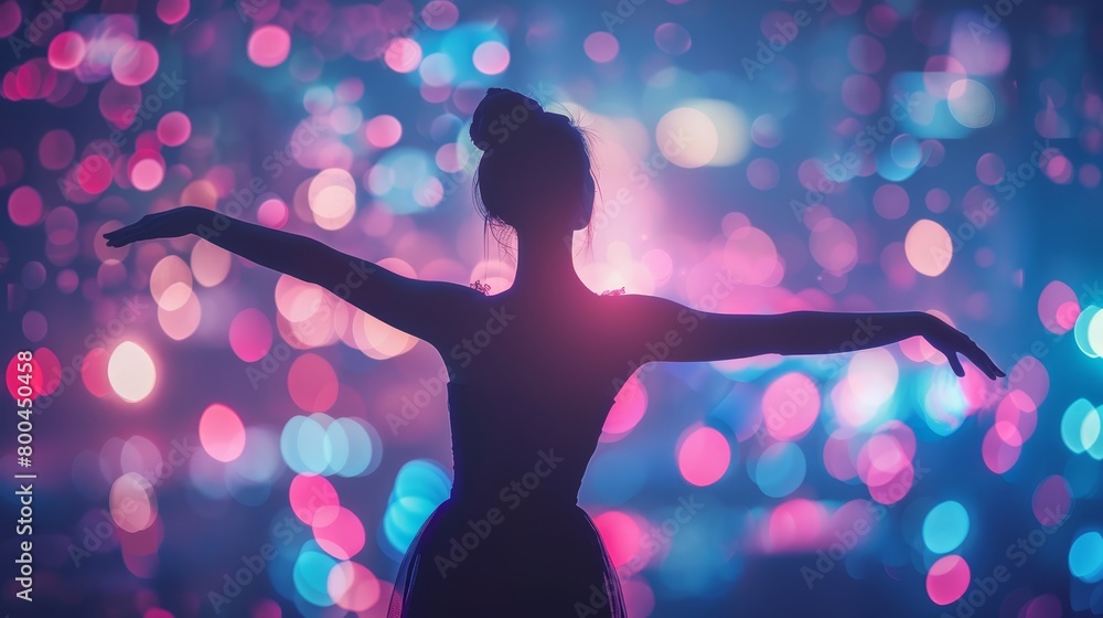   A woman's silhouette with outstretched arms against a vibrant backdrop of colorful lights
