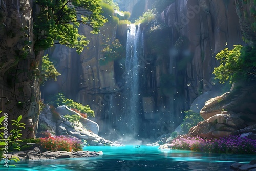 A majestic waterfall cascading into an otherworldly glowing pool