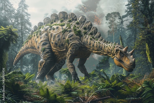 Marvel at the grandeur of a Titanosaur adorned in ornate armor  majestically surveying its territory amidst the rugged beauty of ancient volcanic mountains  a scene blending strength