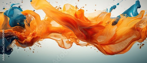 Artistic 3D representation of orange and teal liquids colliding and forming intricate splash patterns