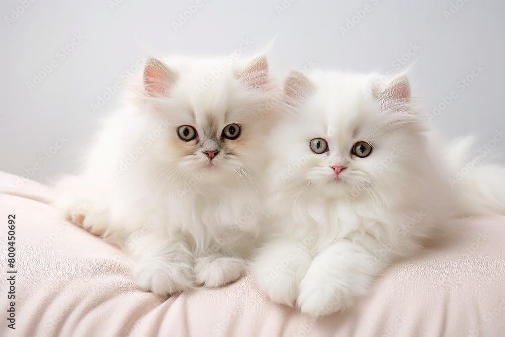A cluster of Persian cat kittens lounging on a soft white background, creating a serene and fluffy tableau A cluster of Persian cat kittens lounging on a soft white background, creating a serene and fluffy tableau