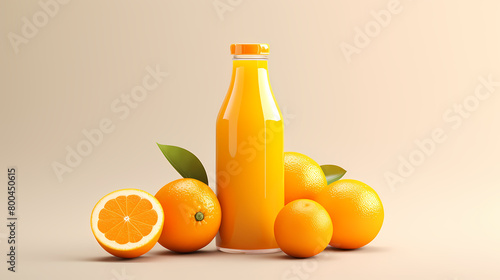 Orange juice bottle and oranges