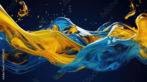 3D simulation of bright yellow and dark blue viscous liquids slowly blending in an ethereal dance