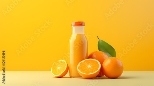 Orange juice bottle and oranges