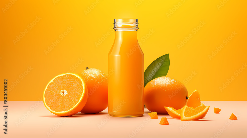 Orange juice bottle and oranges Orange juice bottle and oranges