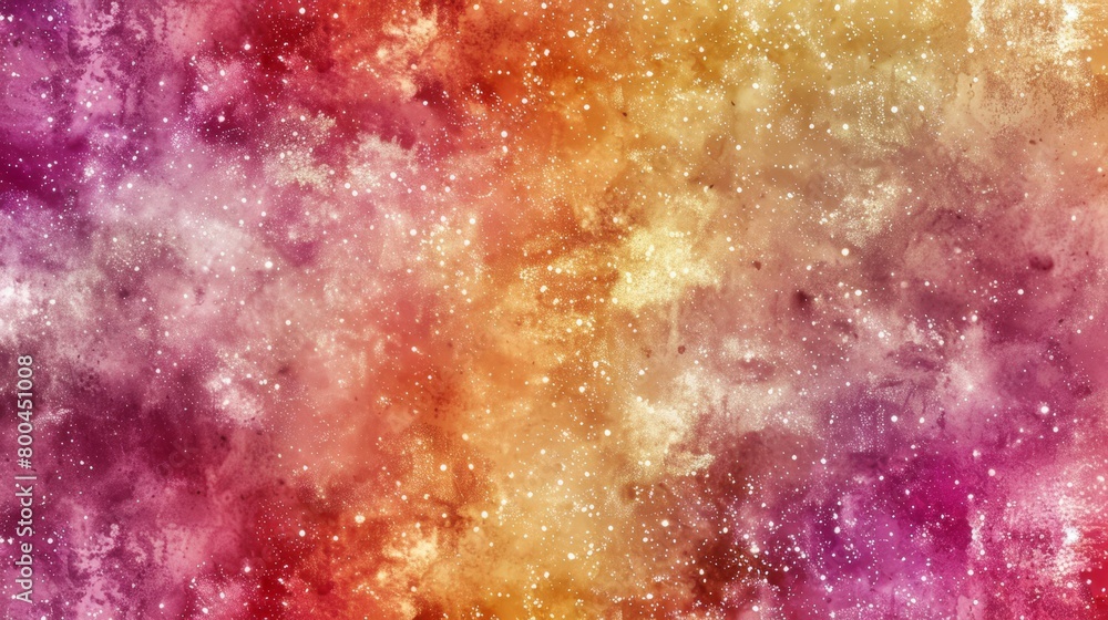   A multicolored space, brimming with stars, features a centrally located, orange, yellow, red, purple, and pink, star-filled sky