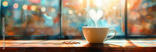 A warm and inviting image of a steaming coffee cup with whimsical heart-shaped smoke on a backdrop of festively lit windows photo