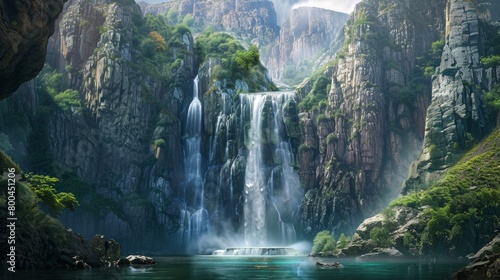A majestic waterfall cascading down rocky cliffs into a serene pool below.