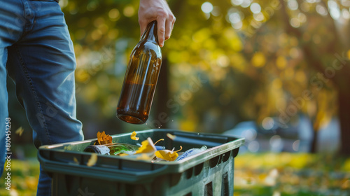 
Man throwing glass bottle into recycling bin. Empty alcohol bottle, throwing, New Year's resolutions, drink less alcohol healthy lifestyle without alcoholic drinks photo