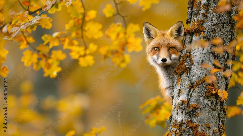 A tight shot of a tree with a fox's face hidden in its bark Adjacent, a tree with vibrant yellow leaves A tight shot of a tree with a fox's face hidden in its bark Adjacent, a tree with vibrant yellow leaves