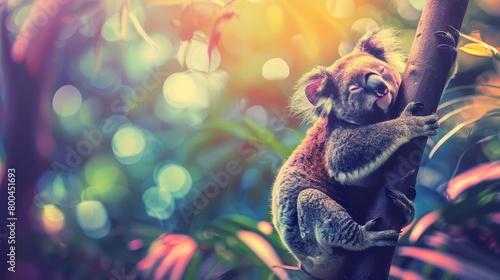   A koala dozing on a tree branch, eyes closed, head reclining photo