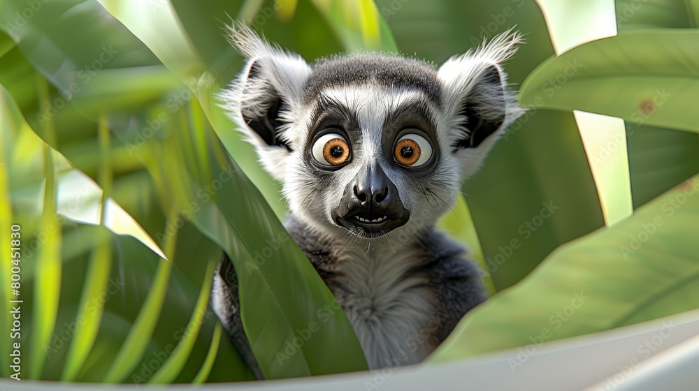 Obraz premium A lemur closely examines foliage, its expression revealing unexpected surprise
