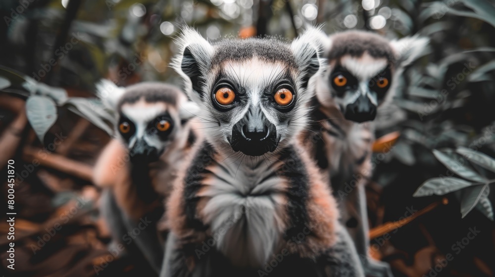 Obraz premium A group of lemurs stands atop a lush forest canopy, surrounded by an abundance of foliage and leaves