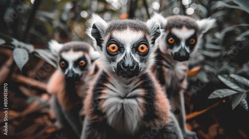  A group of lemurs stands atop a lush forest canopy, surrounded by an abundance of foliage and leaves