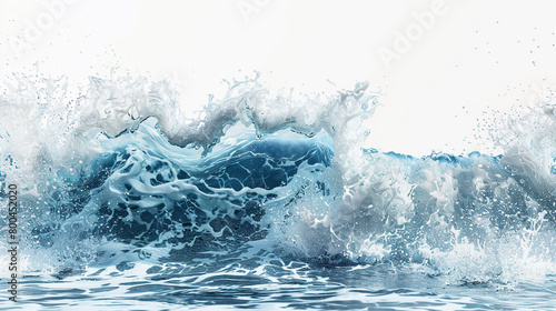 A massive, crashing wave with frothy foam, set against a clean white backdrop.