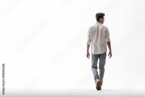 A man wearing a white shirt and jeans walked over against a white background