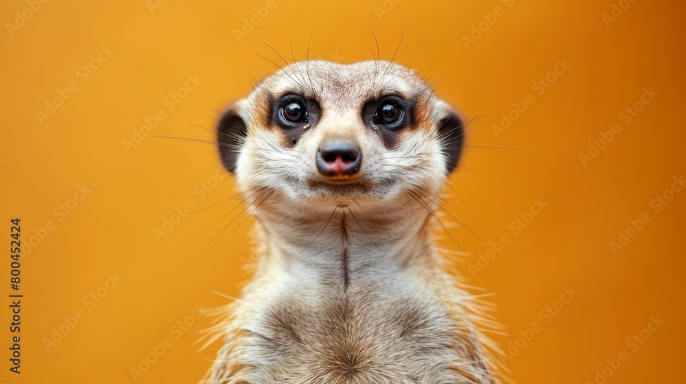 A tight shot of a meerkat's expressive face gazing at the camera against a sunny yellow backdrop A tight shot of a meerkat's expressive face gazing at the camera against a sunny yellow backdrop