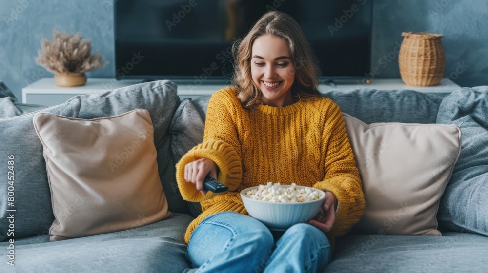 Obraz premium Woman Enjoying Movie Night at Home