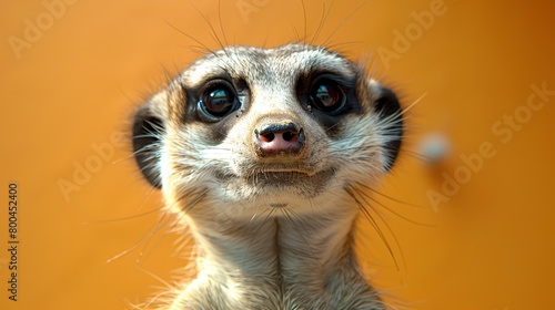  A meerkat's face, in tight focus, gazes at the camera against a yellow backdrop