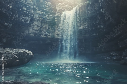 A majestic waterfall cascading into an otherworldly glowing pool