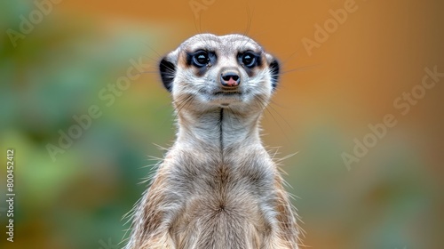  A tight shot of a meerkat's face against a softly blurred backdrop of trees