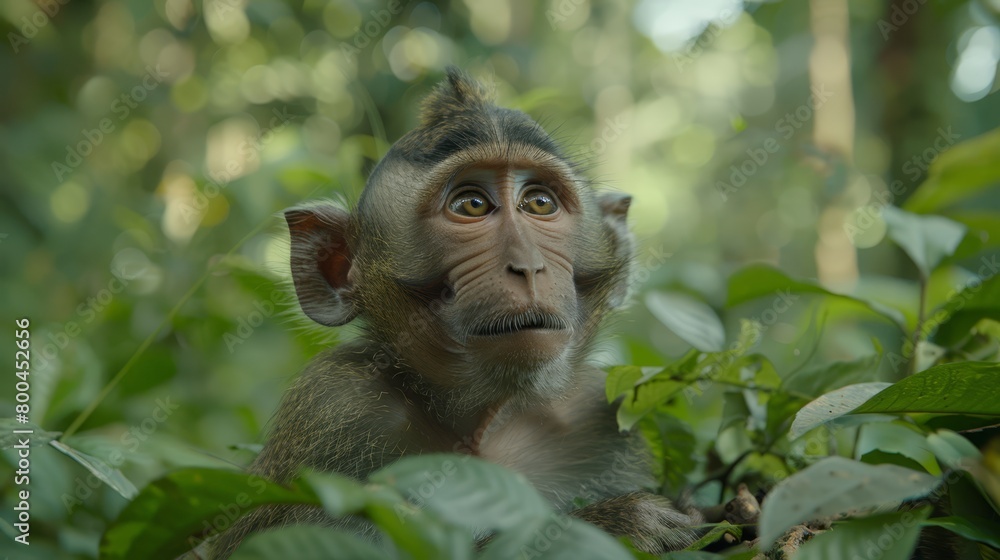 A monkey with a startled expression, seated amidst a lush forest of verdant, leafy plants A monkey with a startled expression, seated amidst a lush forest of verdant, leafy plants