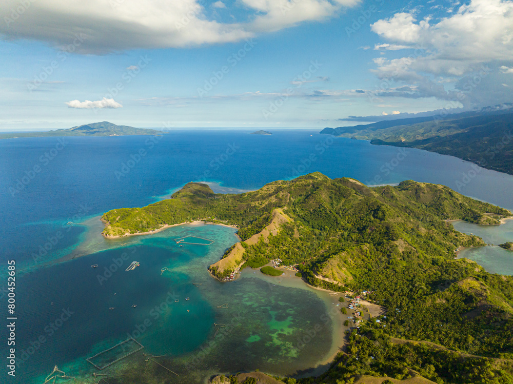 Aerial view of Sleeping Dinosaur Island in Mati, Davao Oriental. Philippines.
