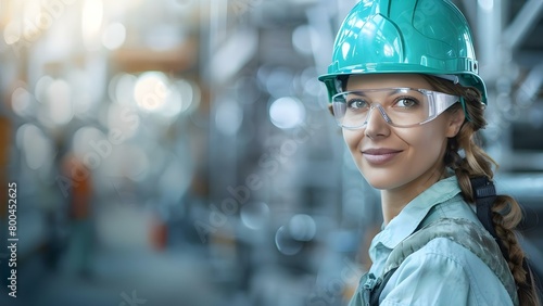 Woman engineer wearing a green helmet and work clothes at a construction site. Concept Construction Site, Woman Engineer, Green Helmet, Work Clothes, Professional Portrait