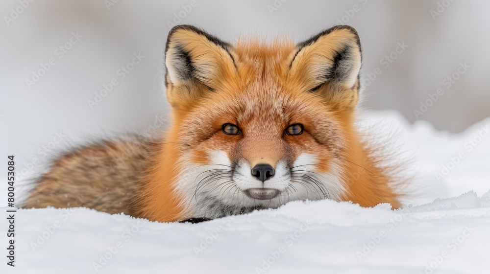 A fox, nose touched by snow, gazes sadly into the camera A fox, nose touched by snow, gazes sadly into the camera