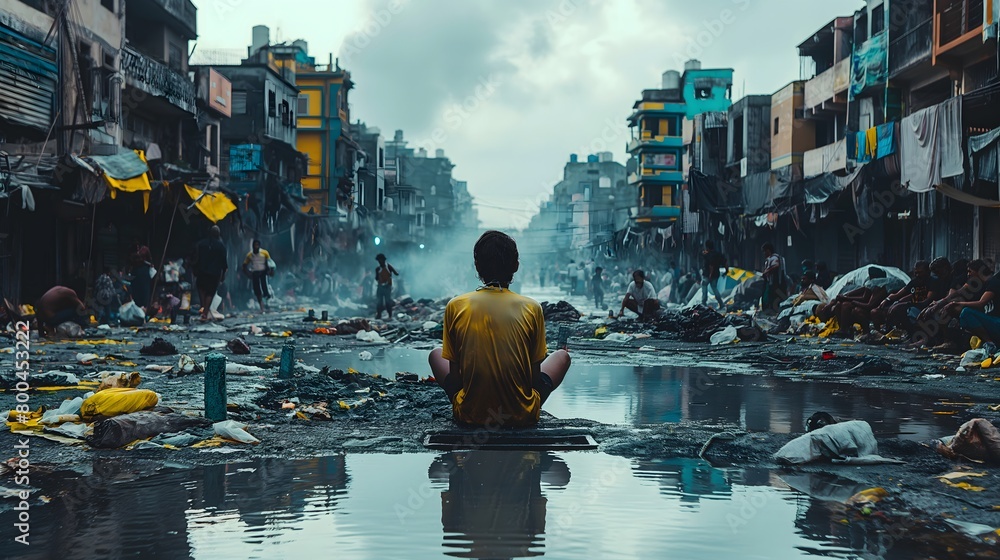 Solitude Amidst Desolation: Man Meditating in Dharavi Slum Solitude Amidst Desolation: Man Meditating in Dharavi Slum