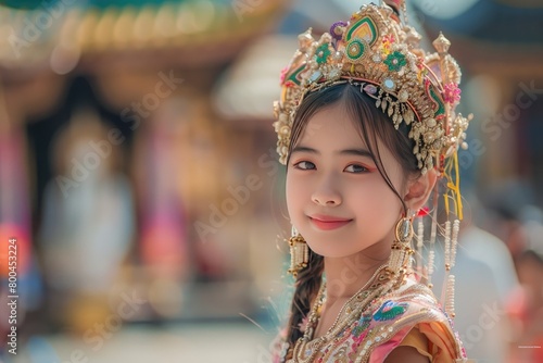 A cute girl in a traditional cultural attire and traditional jewelry wearing, adorned with intricate patterns