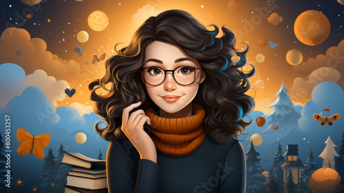 Starry Night Delight - Curly-Haired Girl in Whimsical Setting - AI Generated