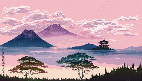 Sunset over the Japanese mountains  landscape