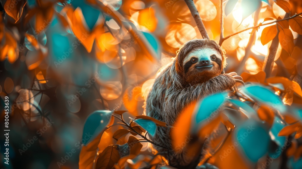 A three-toed sloth hangs from a tree branch in a forest of vibrant green and orange leaves Sunlight filters through the foliage A three-toed sloth hangs from a tree branch in a forest of vibrant green and orange leaves Sunlight filters through the foliage
