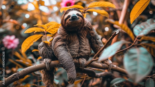   Three-toed sloth seated on tree branch amidst tropical flowers and lush foliage photo